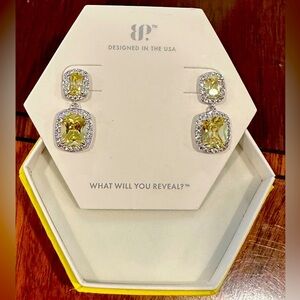 Sparkling Diamond & Lemon Cubic Zirconia Dangle Earrings on Rhodium Plating NIB
